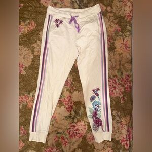 Johnny Was Cream Colored Embroidered Joggers with Colorful Stripes Down the Side